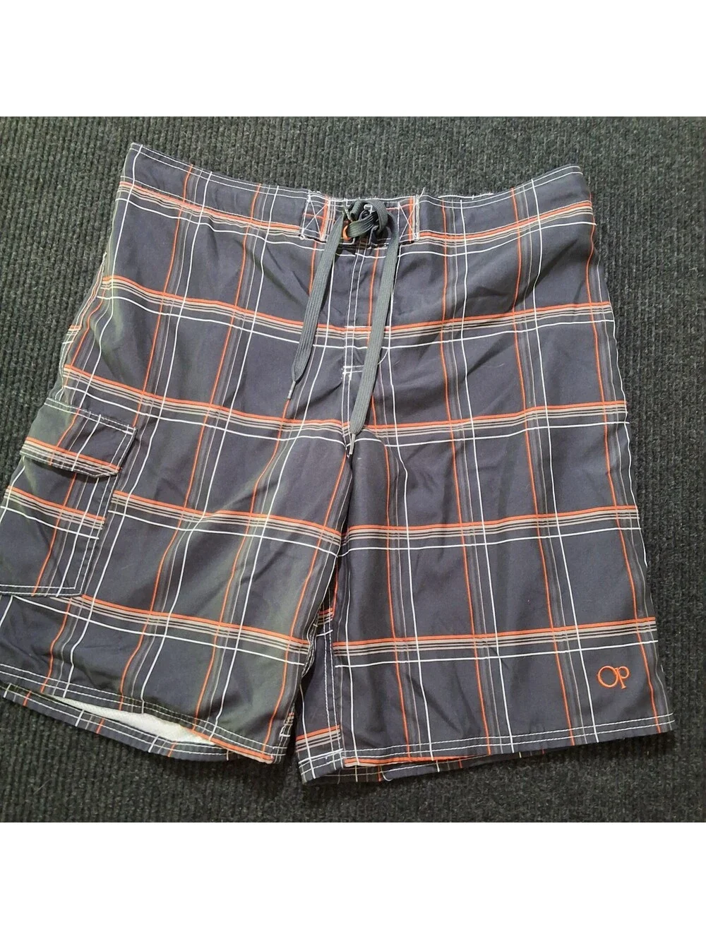 OP Men's Lined Swim Trunks Plaid Pattern Black and Orange Size L